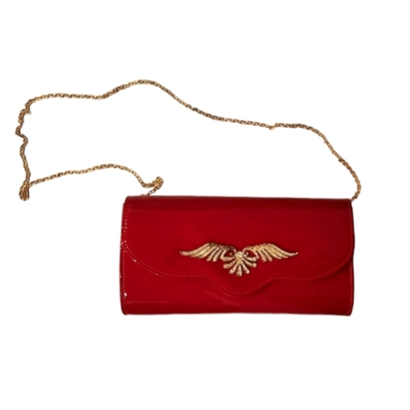BNWT Red Evening Purse with Gold/Rhinestone Detail & Removable Gold Chai… - Picture 1 of 5